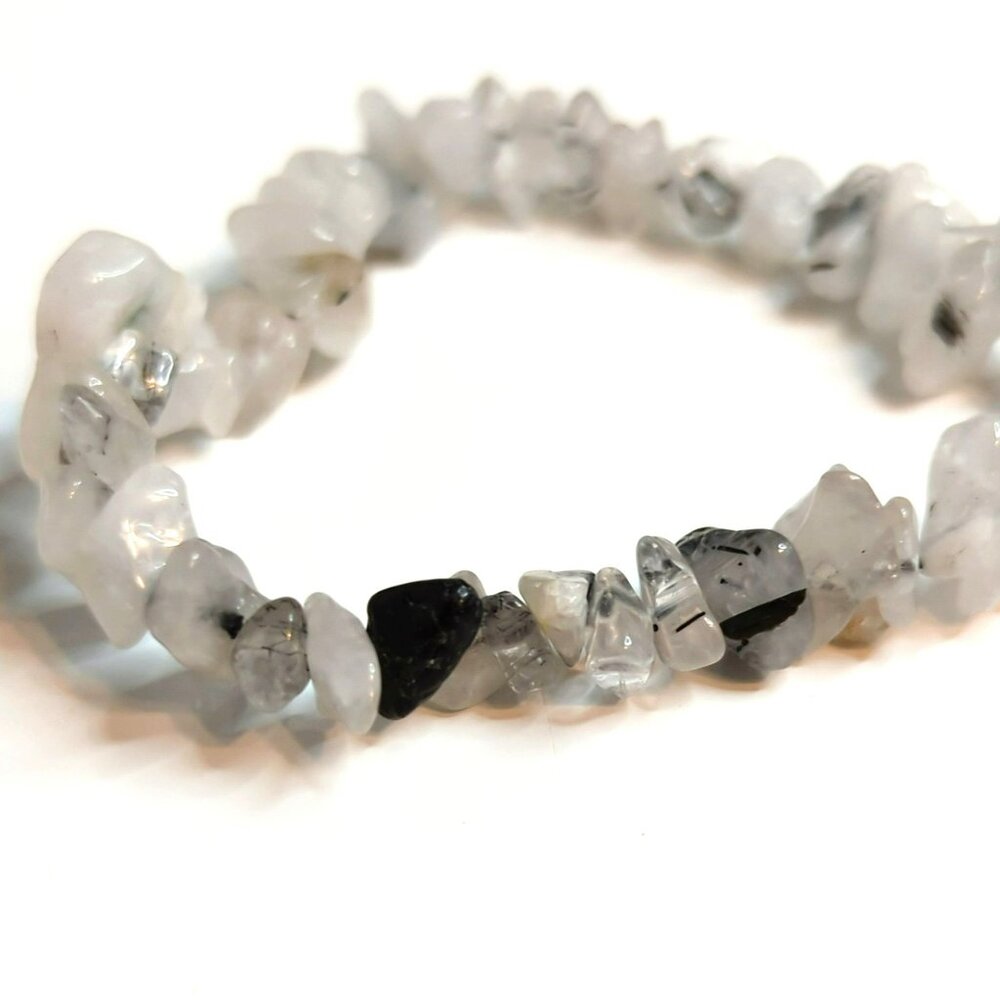 Black & White Quartz Chip Stretch Bracelet Gemstone Chakra Style - Picture 3 of 4